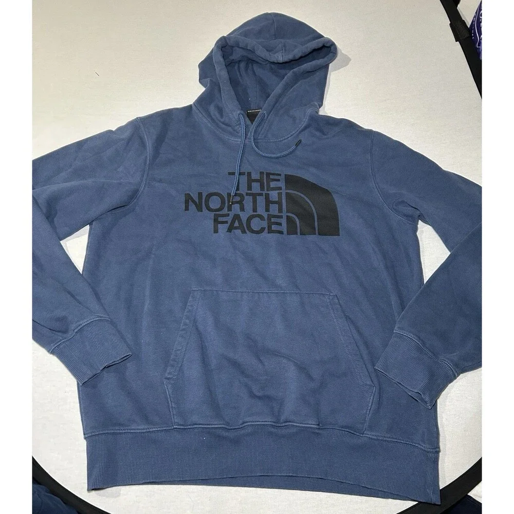 The North Face blue hoodie men's L black screen-printed logo, Gorpcore